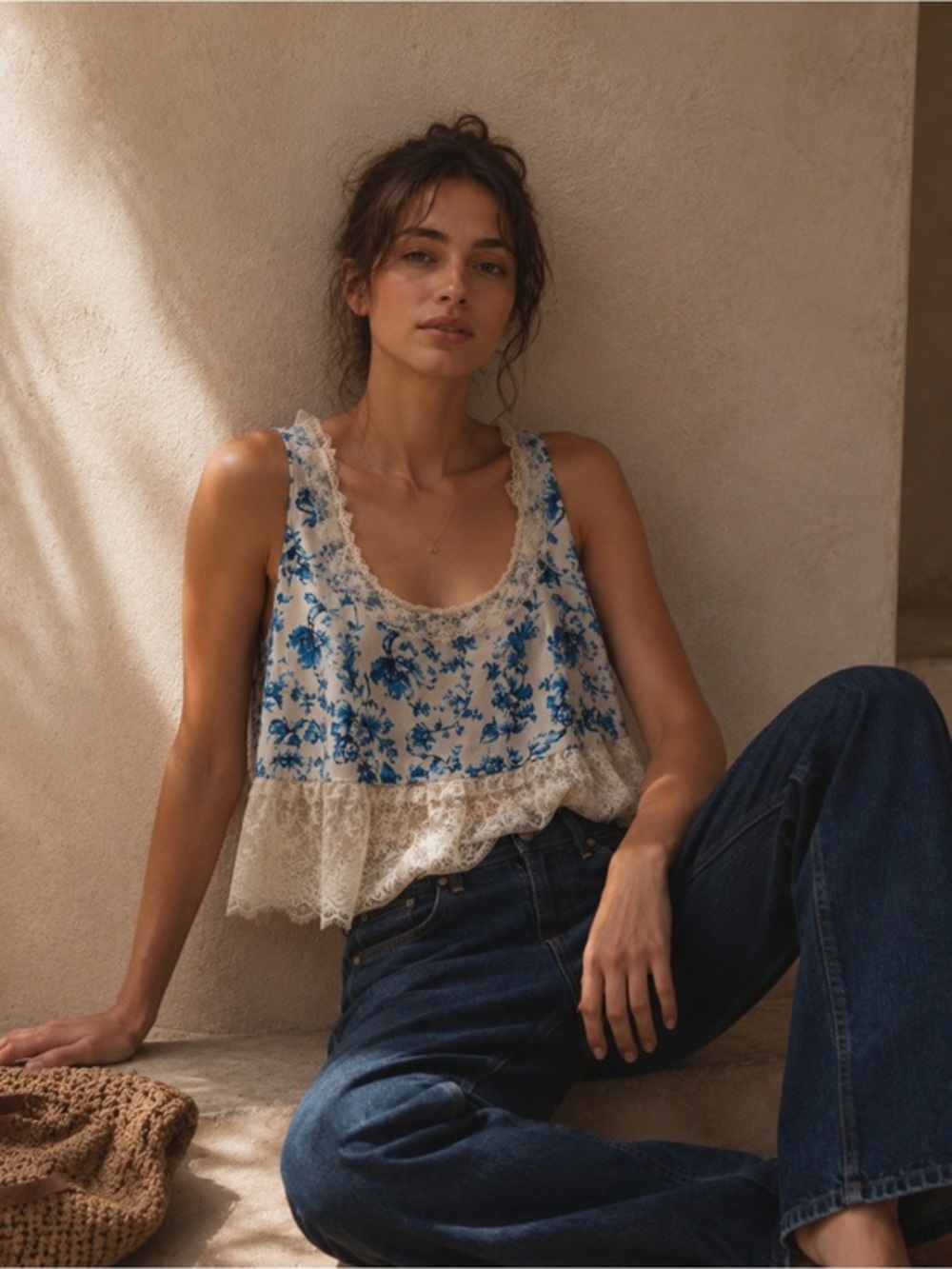 Anthropologie satin blue floral swing lace cami tank S
